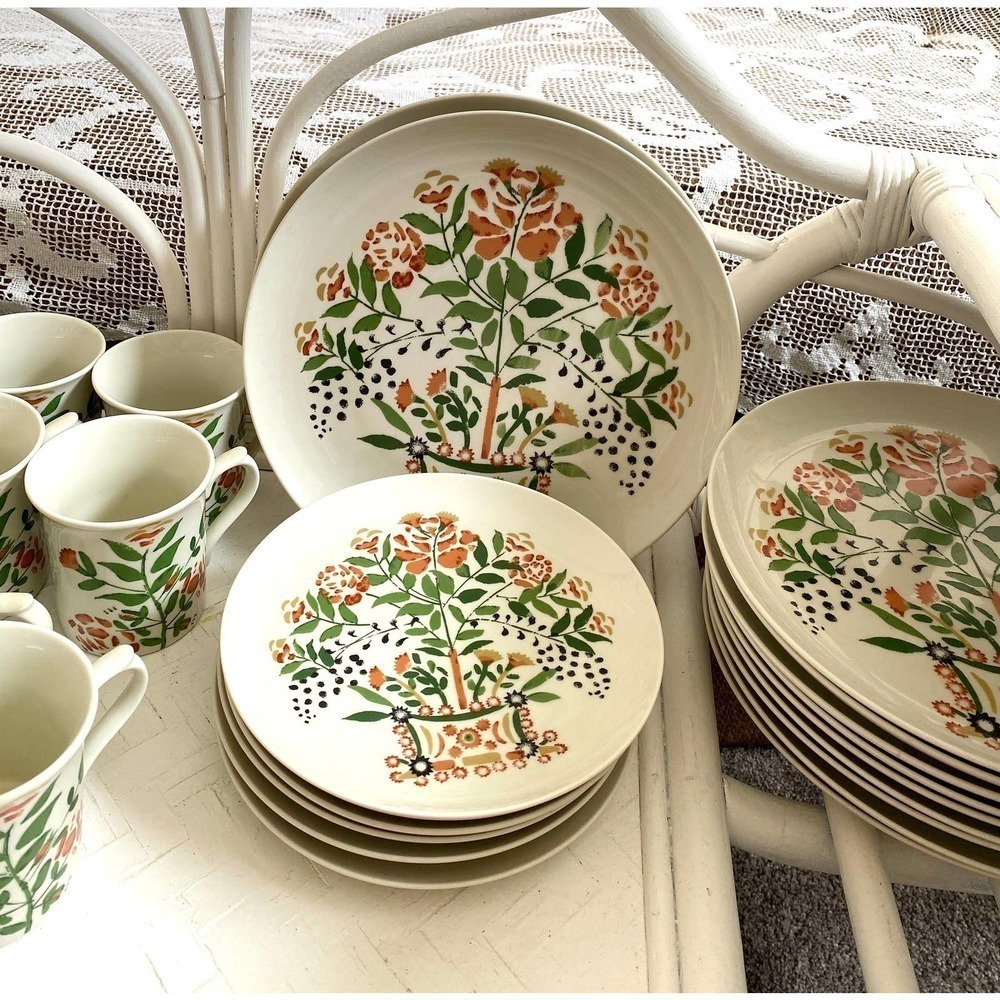 Vintage Botanical Floral Plates, Cups, Vintage, Plants, Earthy Orange & Green